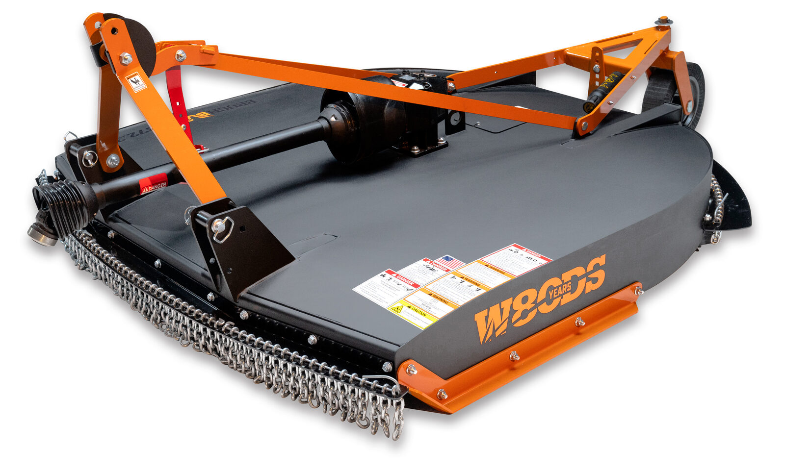 Our black out BrushBull cutter showcases the NEW BrushBull™ logo and also features a sleek, matte-black styling with Woods orange accents.